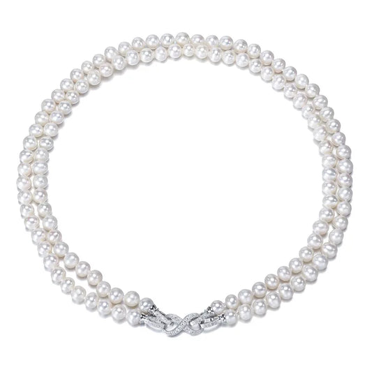 7mm AA- off Round Double Strand  Multilayer Natural  Real Pearl Necklace Set Wholesale