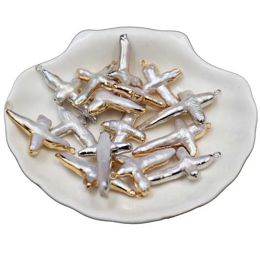 New Style Metal Edging Natural Freshwater Baroque Cross Pearls 3mm-10mm White Chicken Feet Pearl Pendent for DIY Jewelry