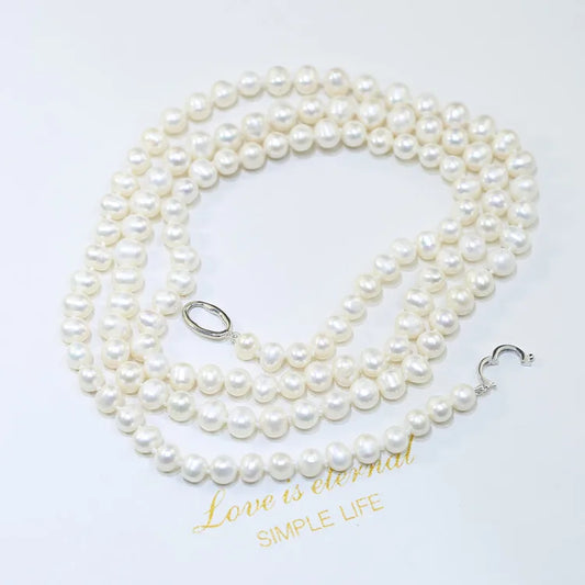 7-8mm AA- Potato Pearl Necklace 36'' Long White Color Real Pearls