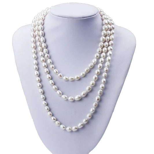 7-8mm Rice Shape Wholesale Natural Real Cultured Fresh Water Long Pearl Necklace Freshwater White Long Pearl Necklace