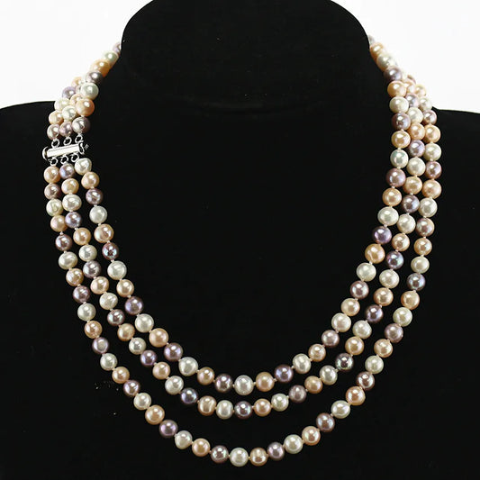 7-8mm AA- off Round 925 Silver Multi Color Freshwater Cultured 3 Strand Multi Layer Pearl Necklace