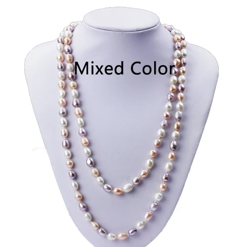 7-8mm Rice Shape Wholesale Natural Real Cultured Fresh Water Long Pearl Necklace Freshwater White Long Pearl Necklace