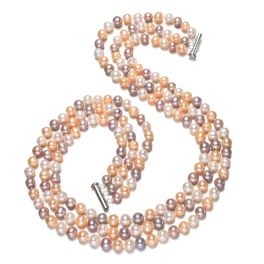 7-8mm AA- off Round 925 Silver Multi Color Freshwater Cultured 3 Strand Multi Layer Pearl Necklace