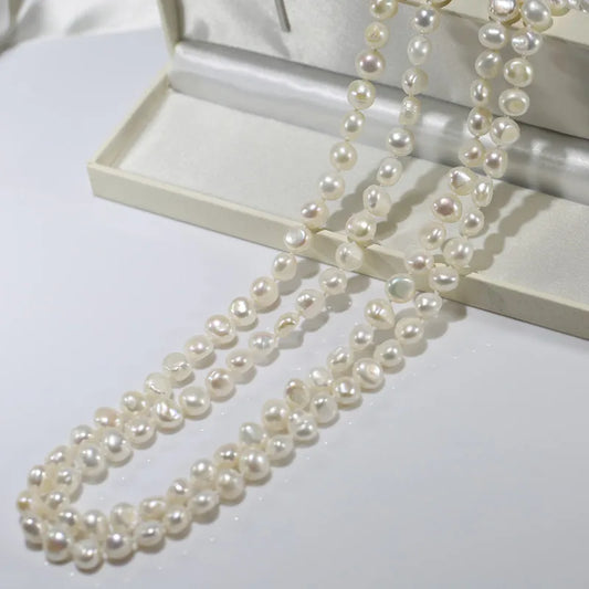 9-10mm White 47 Inch Fresh Water Cultured Natural Baroque Real Genuine Freshwater Pearl Jewelry Necklace Long Pearl Necklace