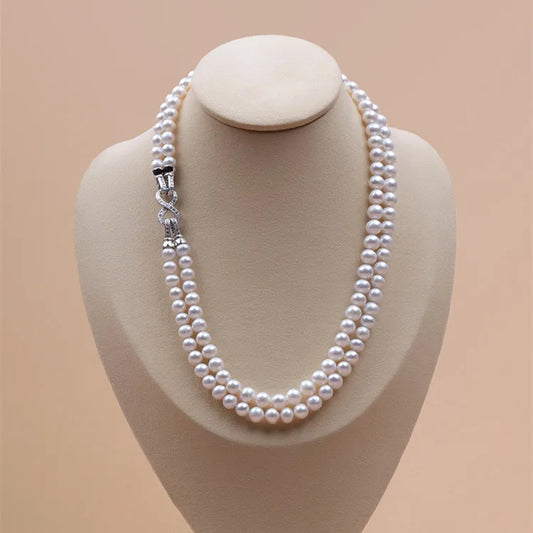 7mm AA- off Round Double Strand  Multilayer Natural  Real Pearl Necklace Set Wholesale