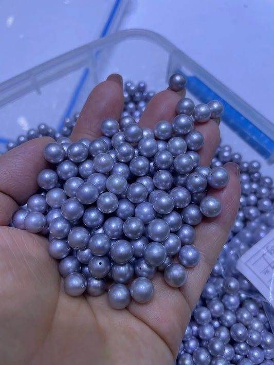 Luster 4A 7-8 mm Natural Freshwater Pearl Round Gray Large Natural Pearl Half Hole Loose Pearls