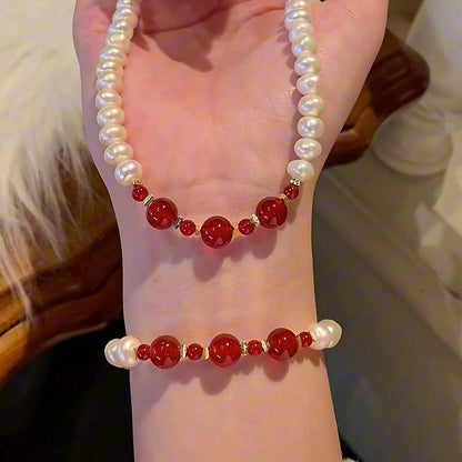 Mr. He Natural Pearl Necklace Bracelet Set Women's New Chinese Agate Splicing Jewelry