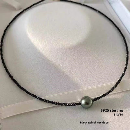 925 Silver Black Spinel Necklace Women's Pearl  Jewelry