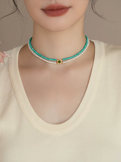 Double Stacked Pearl Necklace 2024 New 925 Silver Artificial Turquoise
