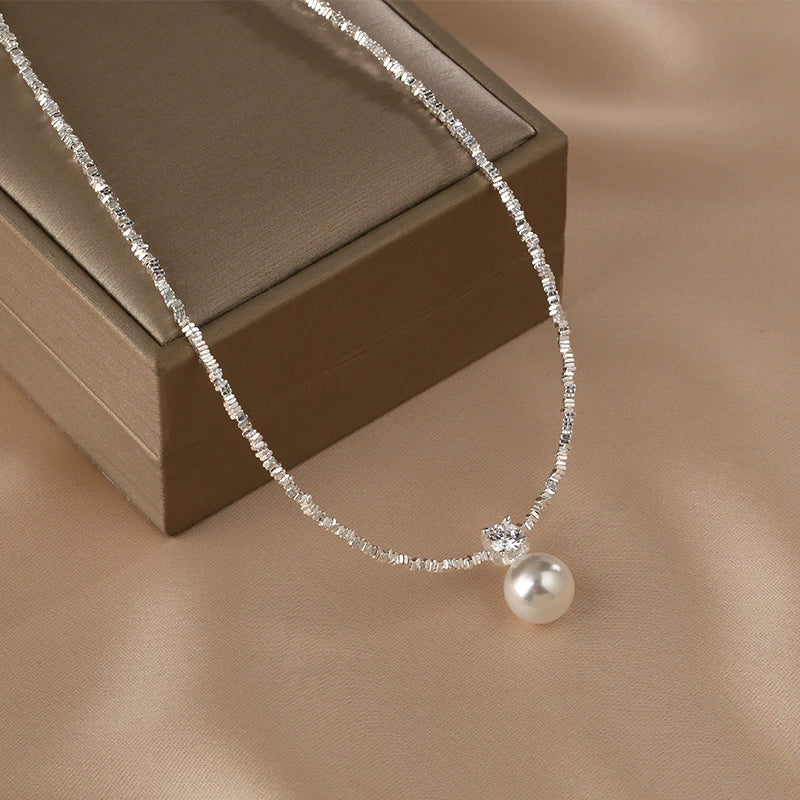 S925 Silver  Zhengyuan Single Pearl Pendant Necklace Ladies Exquisite Flash Diamond