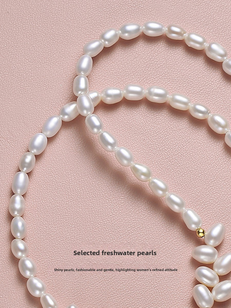 Pearl necklace 2025 new popular natural freshwater rice grain beads wheat ears Princess Diana beaded sweater chain chain chain