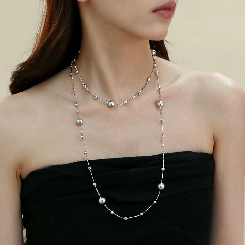 Real much hemp gray  pearl necklace women's French gypsy beaded long sweater chain