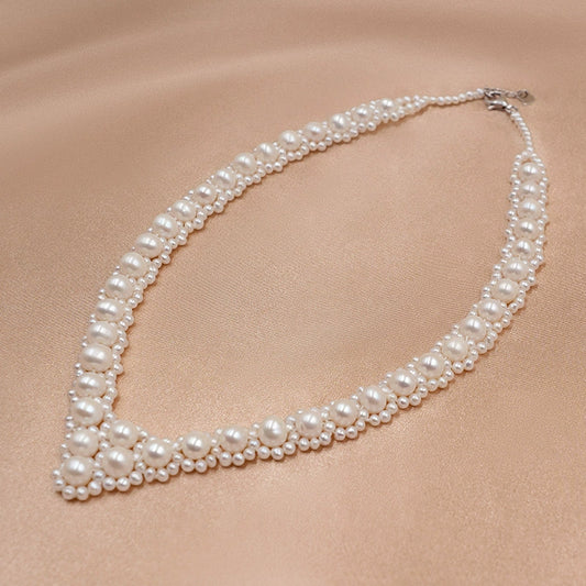 Natural freshwater pearl love necklace Japanese and Korean round bead chain water drop woven bell short URL XL018