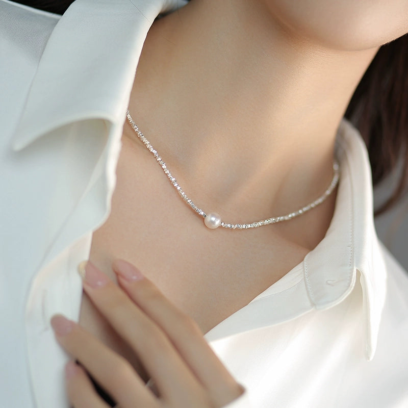 Broken Silver Pearl Necklace Women's Light Luxury Niche Delicate Clavicle Chain 925 Sterling Silver