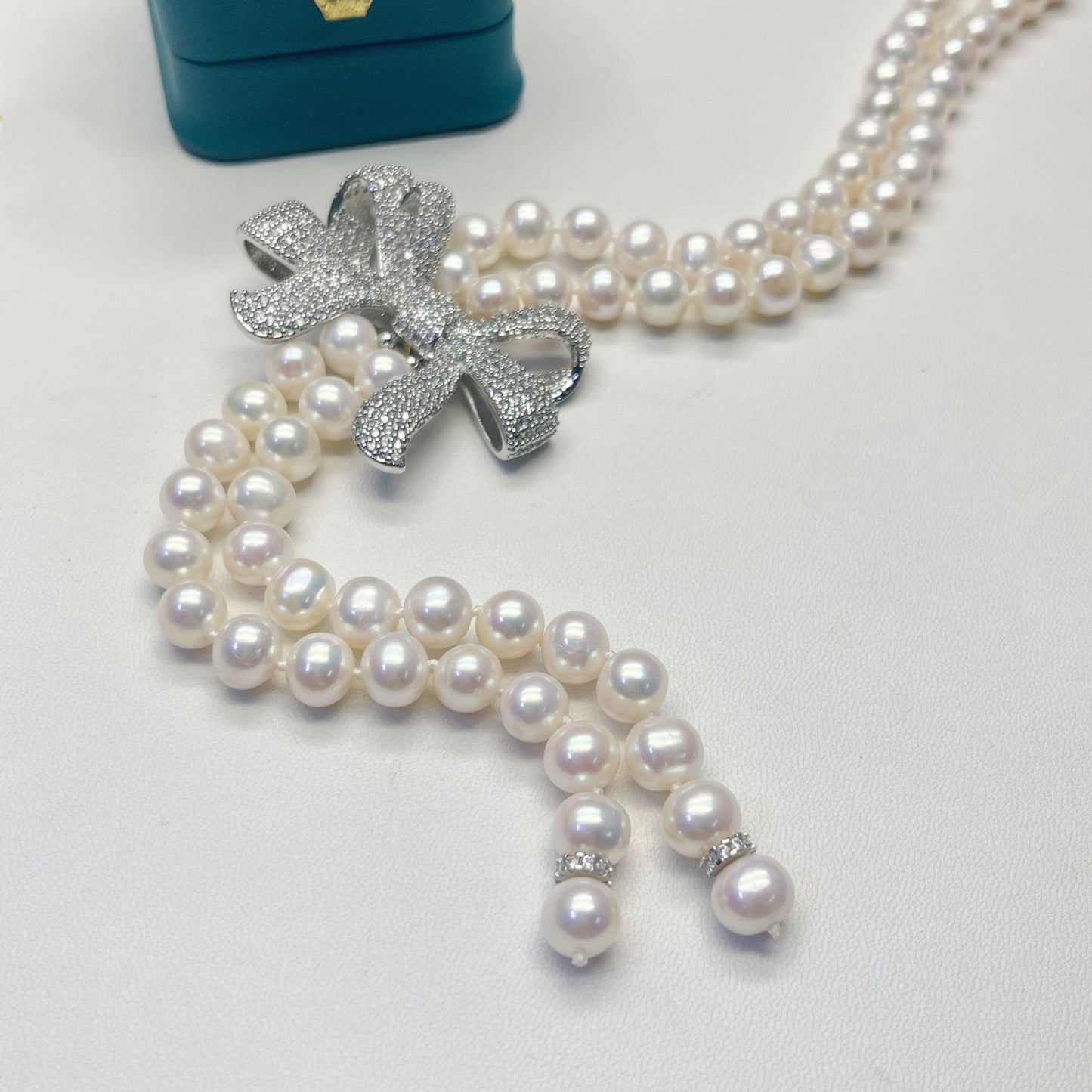 micro-inlaid stone necklace bow freshwater pearl sweater chain long necklace