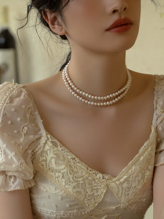 Vintage Double Pearl Stacked Necklace Freshwater Pearl Chain Sweater Skirt Women