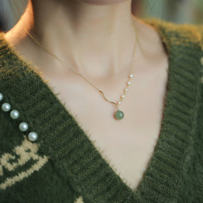 Vintage Natural Hetian Jade Pearl 14K Pack Gold Necklace Ladies