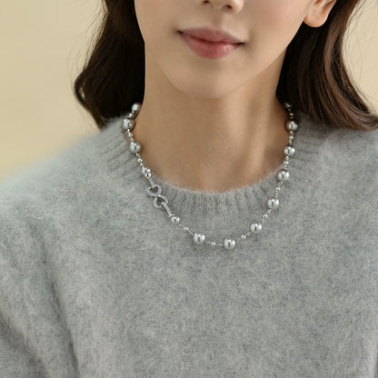 Real much hemp gray  pearl necklace women's French design sense eight-character buckle exquisite