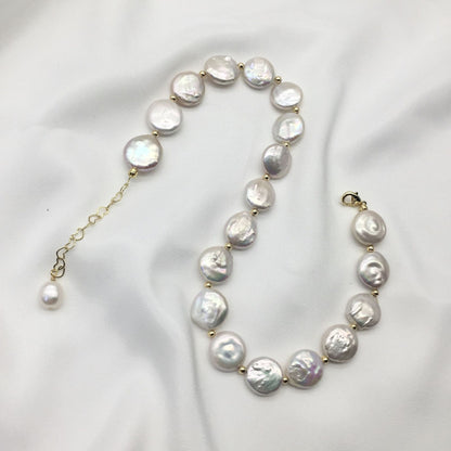 freshwater button flat baroque necklace bracelet stud earrings three-piece set