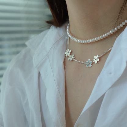 S925 Sterling Silver Flower Necklace Women's Design Premium Stacked Pearl Silver Jewelry