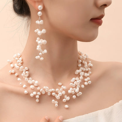 Gypsy Pearl Earrings Women's Natural Freshwater Long Exaggerated Earrings Bridal Wedding Necklace Set Combination