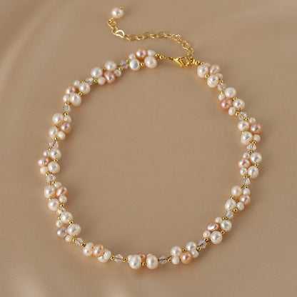 Double Layer Woven Natural Pearl Necklace Bracelet Set Ladies French Beaded Design Crystal Jewelry