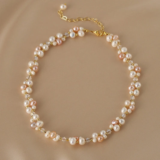 Double Layer Woven Natural Pearl Necklace Bracelet Set Ladies French Beaded Design Crystal Jewelry