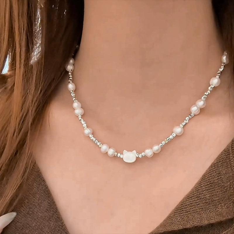 Natural Pearl Necklace Women's Delicate Fritillary Kitten Beaded Design