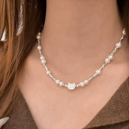 Natural Pearl Necklace Women's Delicate Fritillary Kitten Beaded Design