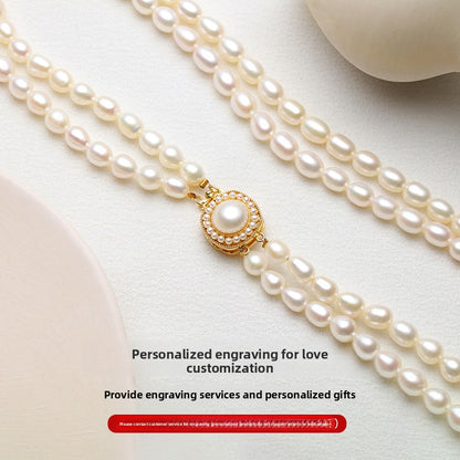Double pearl necklace collarbone ladies rice grain freshwater beads elegant retro sweater chain 2025 new lettering