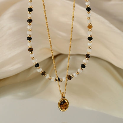 Double Stacked Fritillary Necklace Ladies Vintage Tiger's Eye Pendant Agate