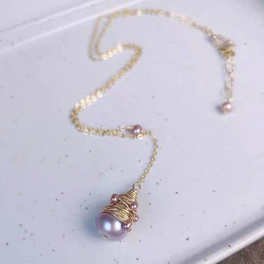 Pyramid Necklace Natural Pearl Ladies New Purple Sweater Chain