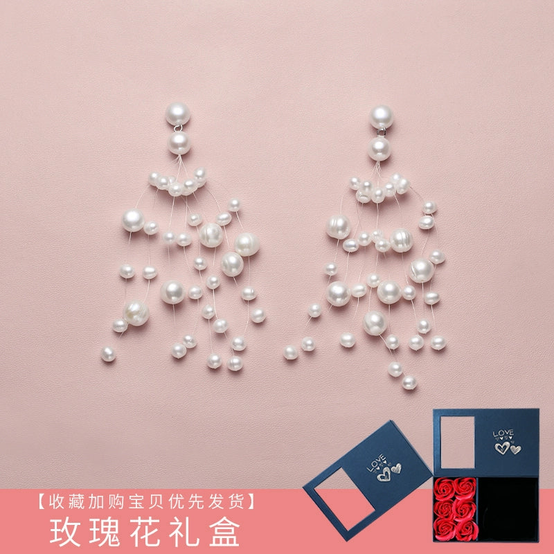 Gypsy Pearl Earrings Women's Natural Freshwater Long Exaggerated Earrings Bridal Wedding Necklace Set Combination