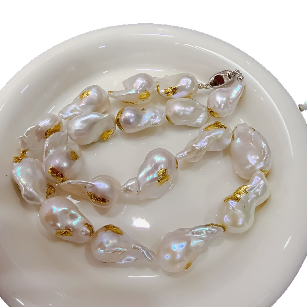 Natural special-shaped fishtail large baroque pearl necklace gold foil handicraft large pearl plain chain women