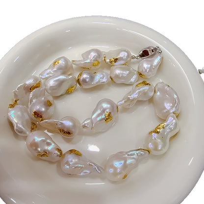 Natural special-shaped fishtail large baroque pearl necklace gold foil handicraft large pearl plain chain women