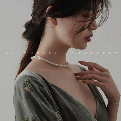 Pearl Necklace Baby Pearl Three Circles Twined Twist Chain Small Pearl Necklace 925 Silver