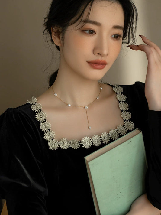 Pearl Necklace Vintage Y-Shaped Chain Handmade Baroque Shredded Silver Pearl Necklace