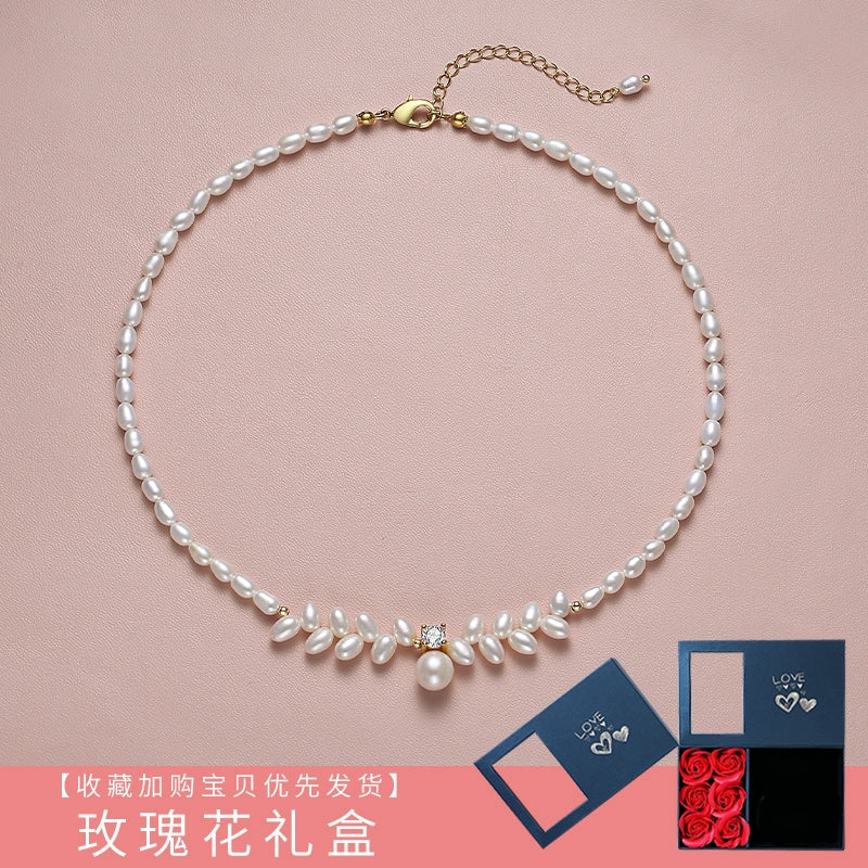 Pearl necklace 2025 new popular natural freshwater rice grain beads wheat ears Princess Diana beaded sweater chain chain chain