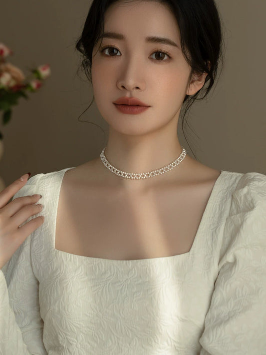 Vintage Handmade Woven Pearl Necklace Choker Multi-layer Chain New Girls Gift