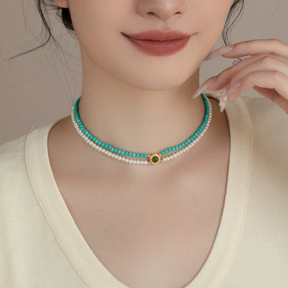Double Stacked Pearl Necklace 2024 New 925 Silver Artificial Turquoise
