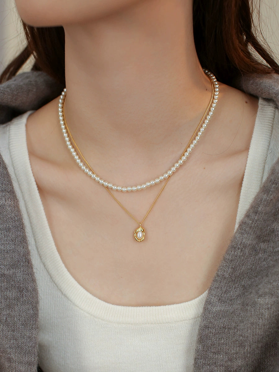Double-layer stacked  round pearl necklace women's simple fashion S925 sterling silver