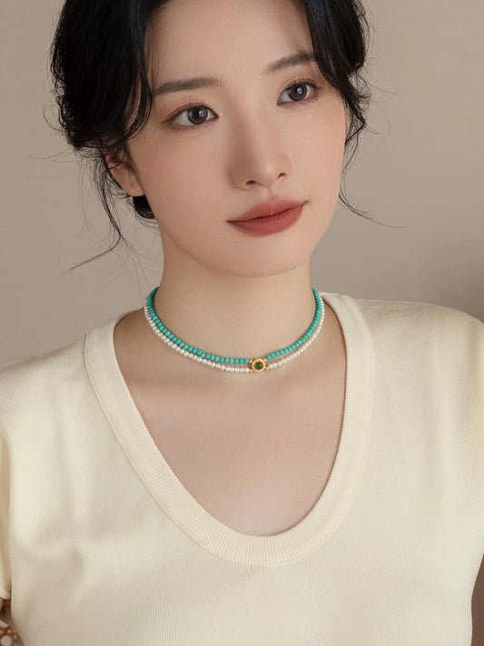 Double Stacked Pearl Necklace 2024 New 925 Silver Artificial Turquoise