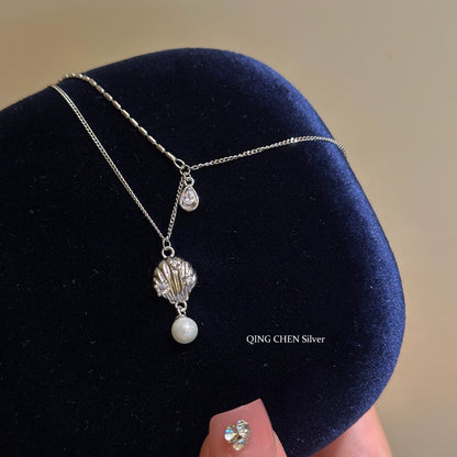 S925 Sterling Silver Shell Pearl Double Necklace Ladies Exquisite Silver Jewelry