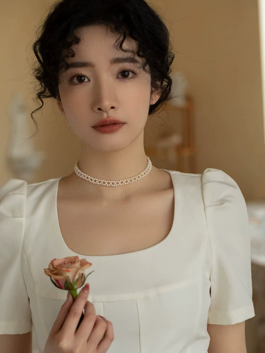 Natural Freshwater Pearl Necklace Handwoven Lace Small Pearl Choker Necklace