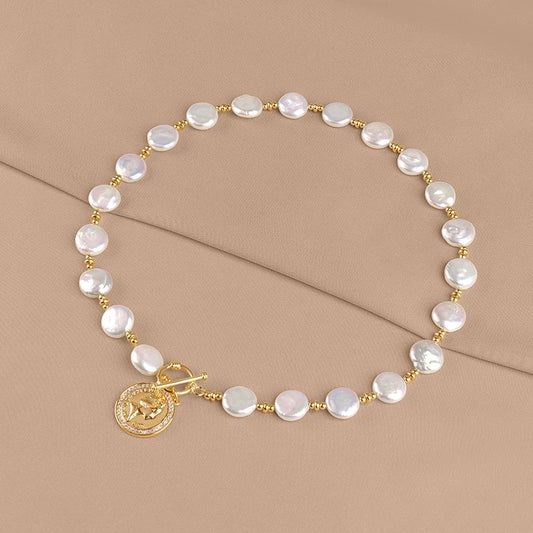 Natural Baroque Pearl Necklace Round Brand Coin Short Pendant European and American Sweater Chain Women's XL003