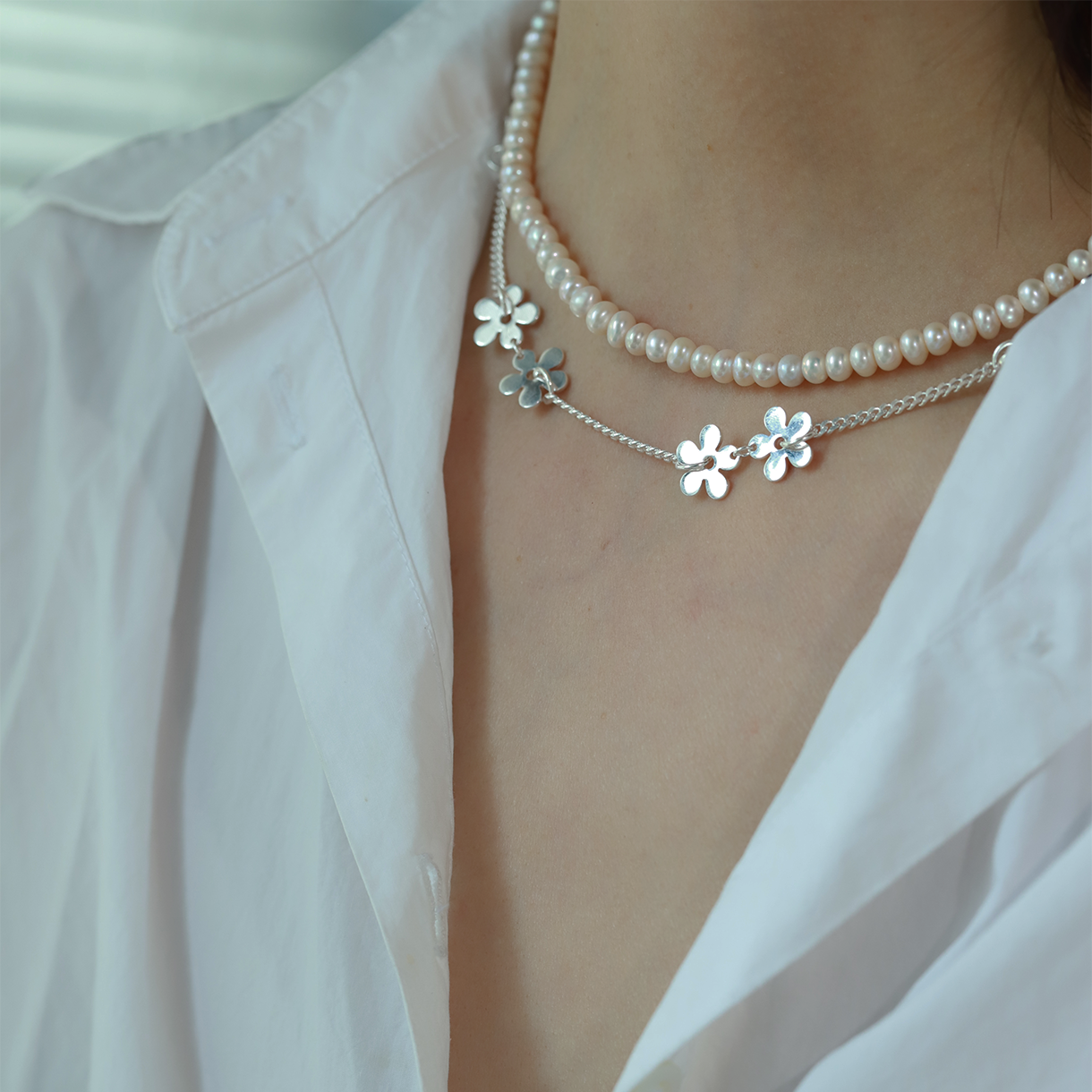 S925 Sterling Silver Flower Necklace Women's Design Premium Stacked Pearl Silver Jewelry