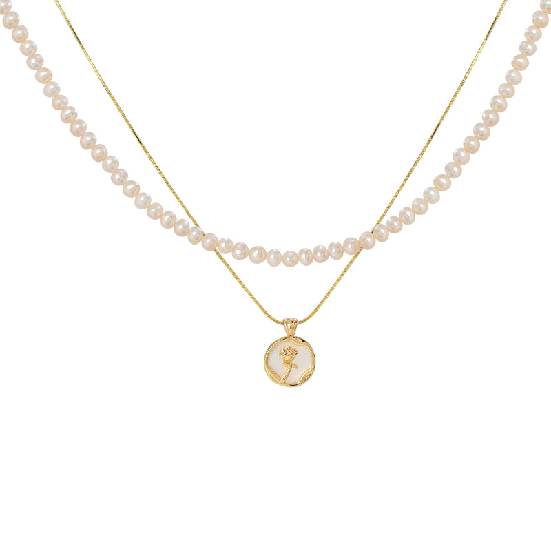 Double stacked natural freshwater pearl necklace female niche design rose pendant neck chain light luxury collarbone chain