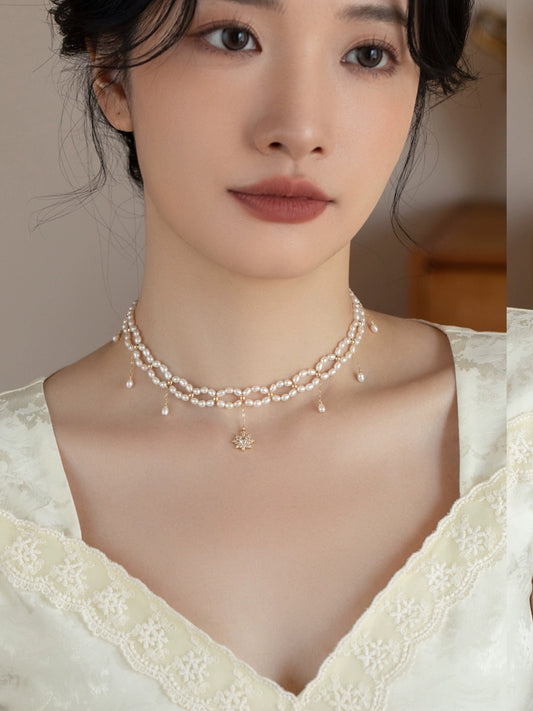 Freshwater Pearl Necklace Girls High Quality Hand-woven Millet Beads Versatile Double-layer Tassel
