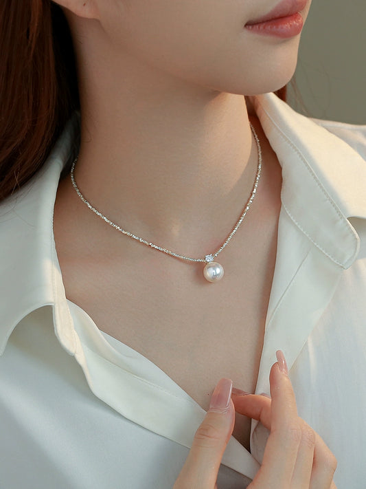 Pearl Necklace Ladies  Strong Light Crystal S925 Sterling Silver New