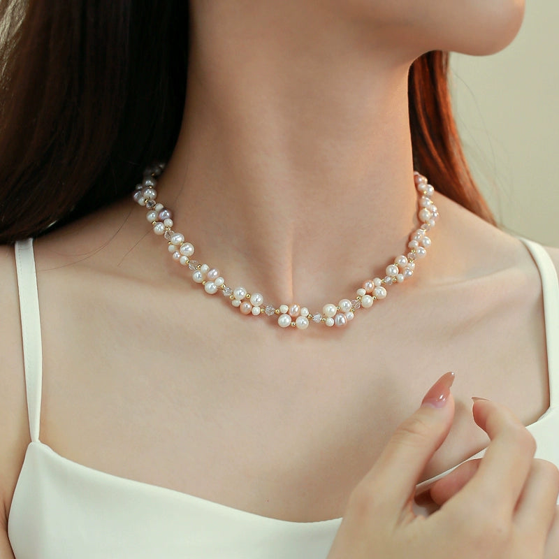 Double Layer Woven Natural Pearl Necklace Bracelet Set Ladies French Beaded Design Crystal Jewelry